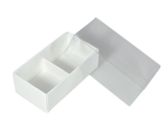 V382-10CHOC2BAY-67362-00 10 Pack of White Card Chocolate Sweet Soap Product Reatail Gift Box - 2 Bay Compartments - Clear Slide On Lid - 8x4x3cm - Image 1