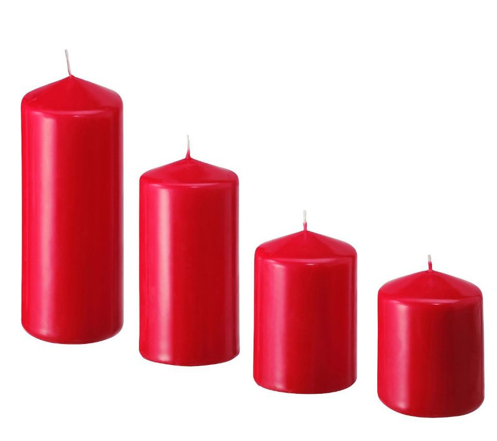 V382-4REDWAXPILLAR-202504030815-00 4 Pack Red Wax Pillar Advent Candles Xmas Wedding Party Table Room Centrepiece Decor Graduated sized 6 to 15cm High - Image 1