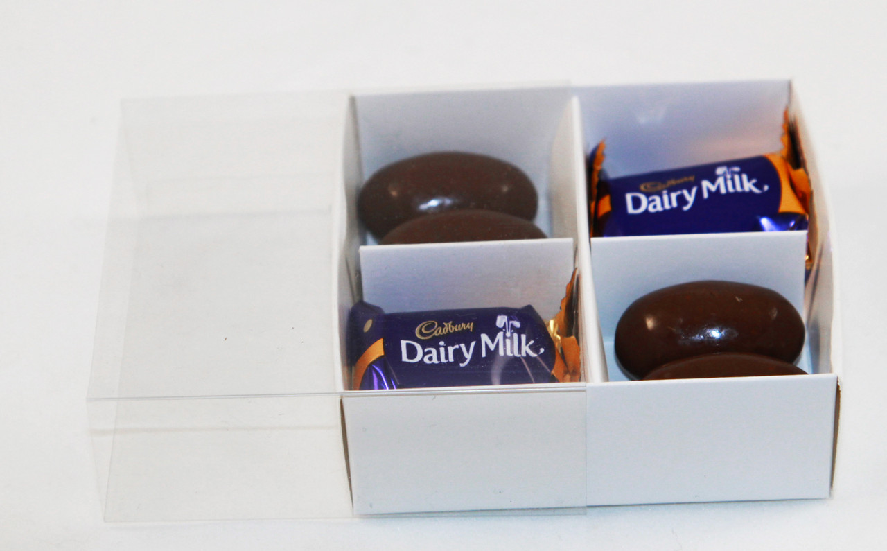 V382-50CHOC4BAY-144391-00 50 Pack of White Card Chocolate Sweet Soap Product Reatail Gift Box - 4 Bay Compartments - Clear Slide On Lid - 8x8x3cm - Image 1