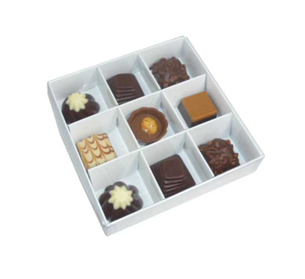 V382-50CHOC9BAY-144388-00 50 Pack of White Card Chocolate Sweet Soap Product Reatail Gift Box - 9 bay 4x4x3cm Compartments - Clear Slide On Lid - 12x12x3cm - Image 1