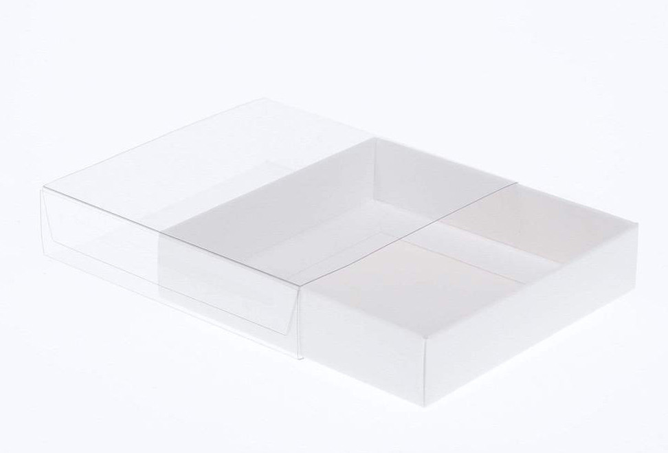 V382-50INVBOXWH10X10X4-144301-00 50 Pack of 10cm Square Invitation Coaster Favor Function product Presentation Cookie Biscuit Patisserie Gift Box - 4cm deep - White Card with Clear Slide On PVC Lid - Image 1