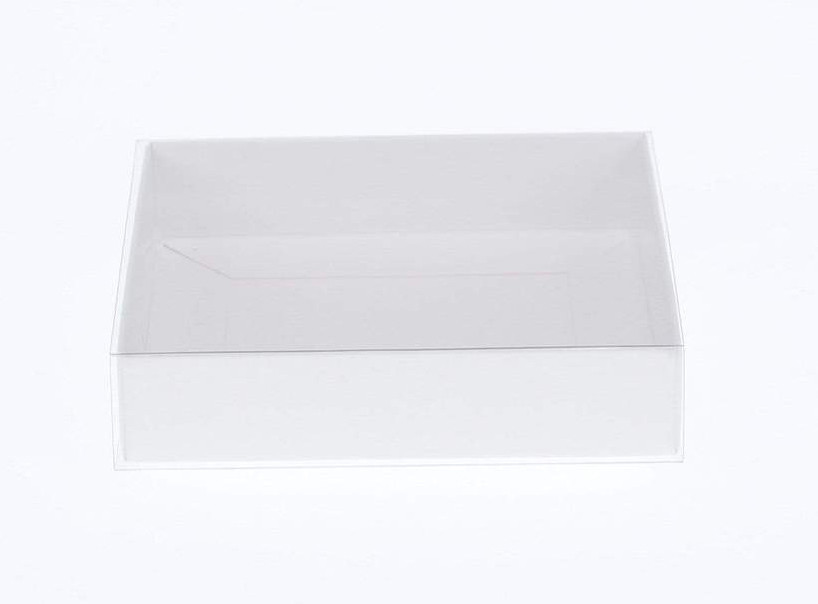 V382-50WHITEHAMP25X25X6-144394-00 50 Pack of White Card Box - Clear Slide On Lid - 25 x 25 x 6cm - Large Beauty Product Gift Giving Hamper Tray Merch Fashion Cake Sweets Xmas - Image 1