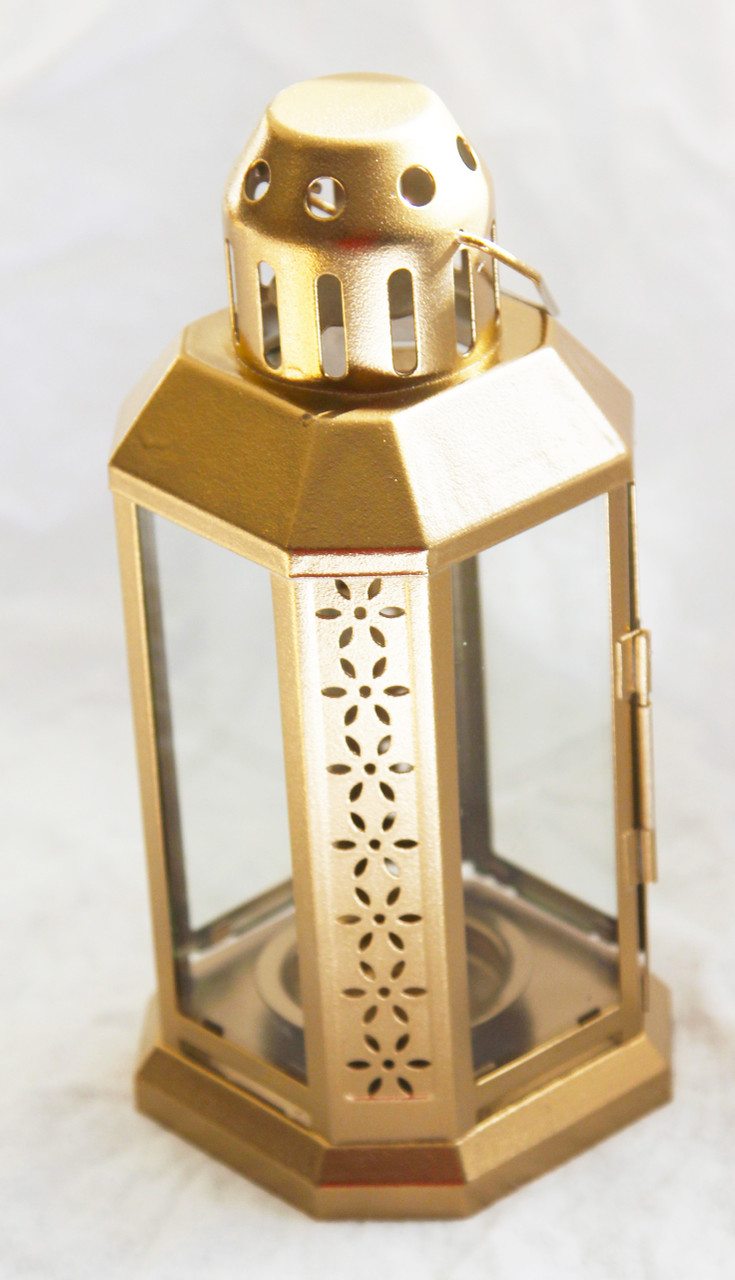 V382-GOLDLANTERN5-144440-00 5 Pack of Gold Metal Miners Lantern Summer Xmas Wedding Home Party Room Balconey Deck Decoration 21cm Tealight Candle - Image 1