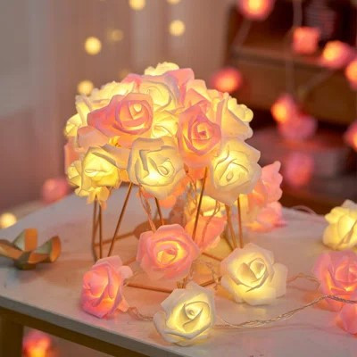 V382-PINKWHITEROSEBATT20-202504291105-00 20 Pink n White Rose 3D Fairy Lights 3M String, Battery (AA) Indoor & Outdoor Decorations Wedding Valentines Romantic Room Table Lighting - Image 1