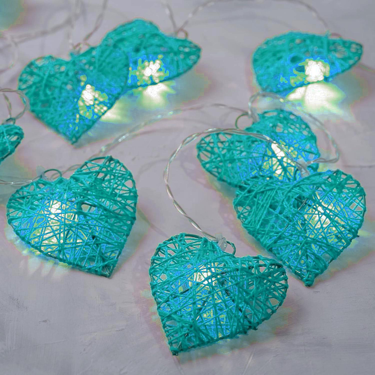 V382-TURQHRTRATTBATT20-202504291105-00 20 Turquoise Blue 3D Hollowed Rattan Heart-Shaped 3M String Fairy Lights, Battery (AA) Indoor & Outdoor Decorations Birthday Kids Celebration PartyRoom Table Lighting - Image 1