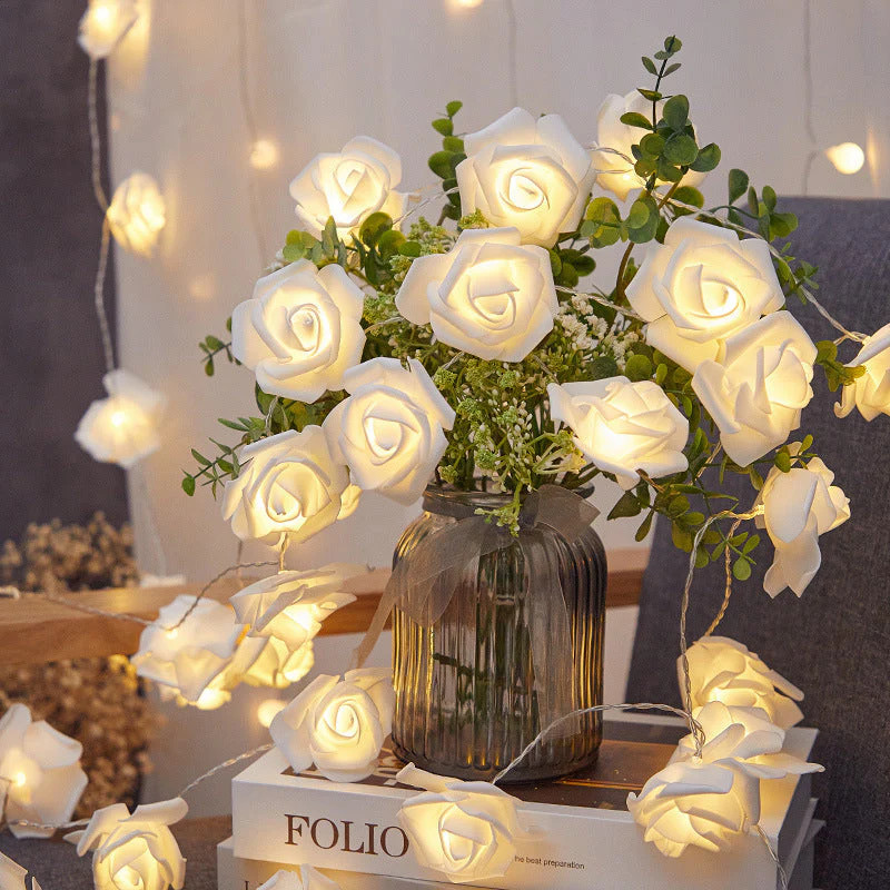 V382-WHITEROSEBATT50-202504291105-00 50 White Rose 3D Fairy Lights 5M LONG String, Battery (AA) Indoor & Outdoor Decorations Wedding Valentines Romantic Room Table Lighting - Image 1