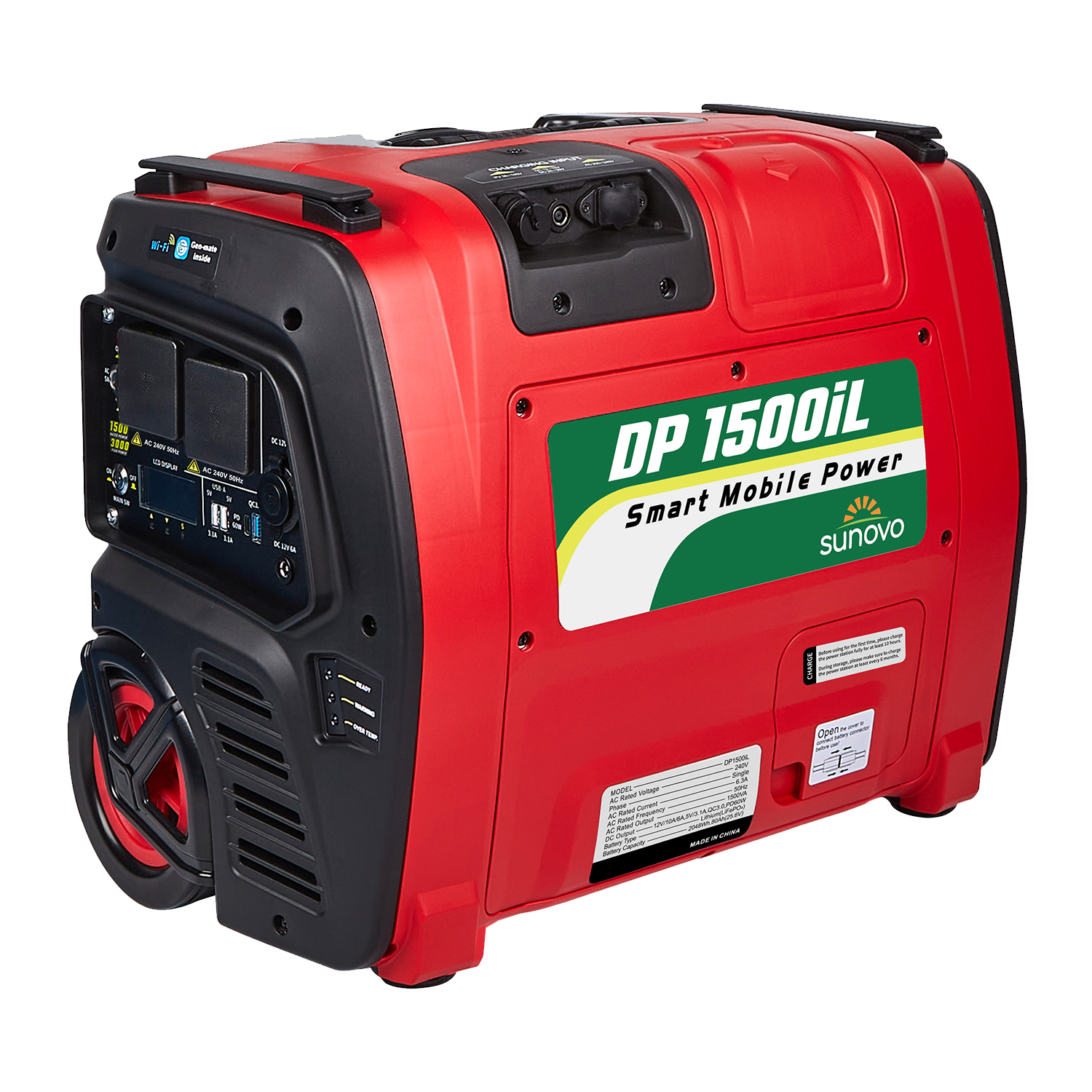 V406-DP1500IL-98175-00 Sunovo 1500W Portable Power Station Solar Inverter Generator - Image 1