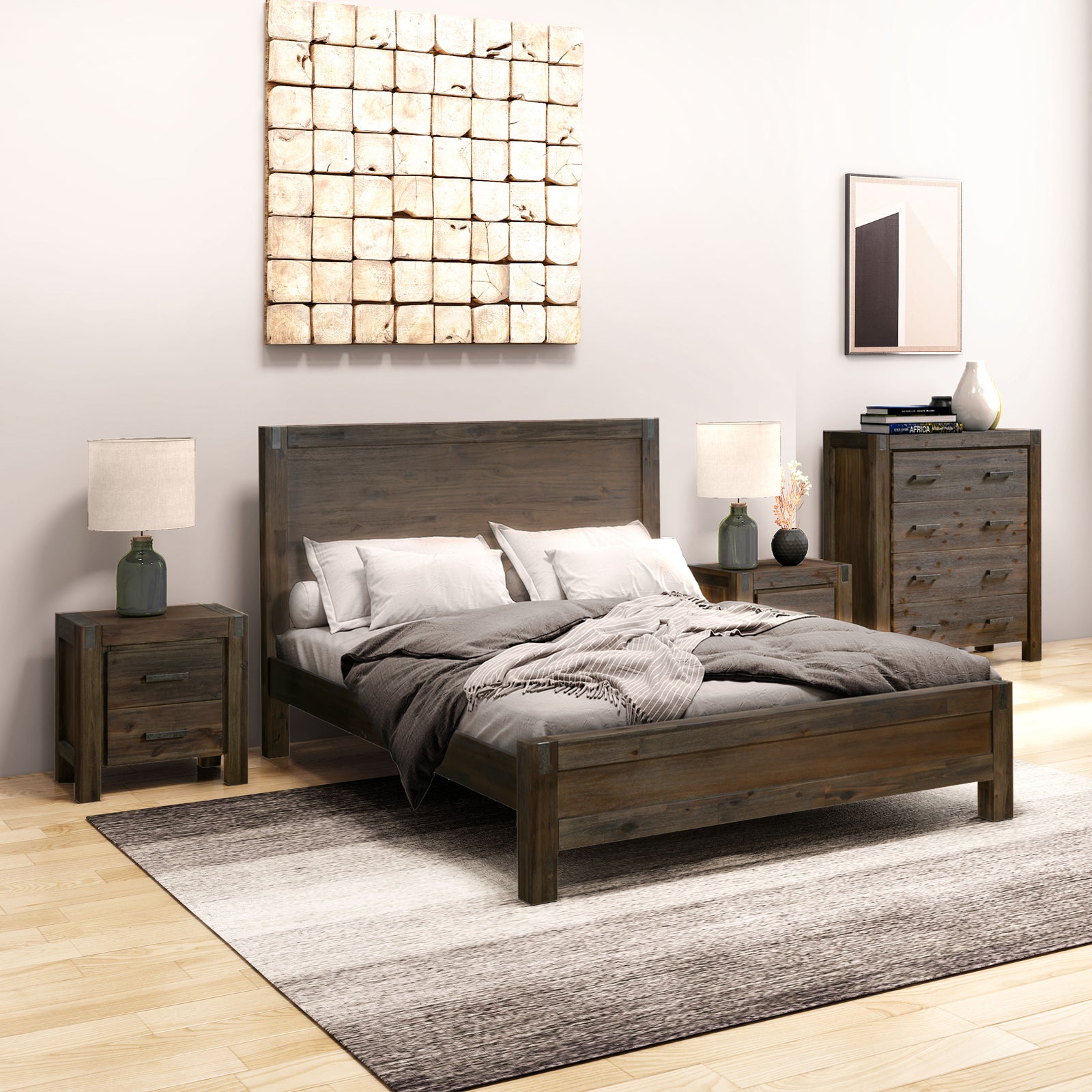 V43-BDS-NOW-4PC-TBY-QCH-202505131831-00 4 Pieces Bedroom Suite in Solid Wood Veneered Acacia Construction Timber Slat Queen Size Chocolate Colour Bed, Bedside Table & Tallboy - Image 1