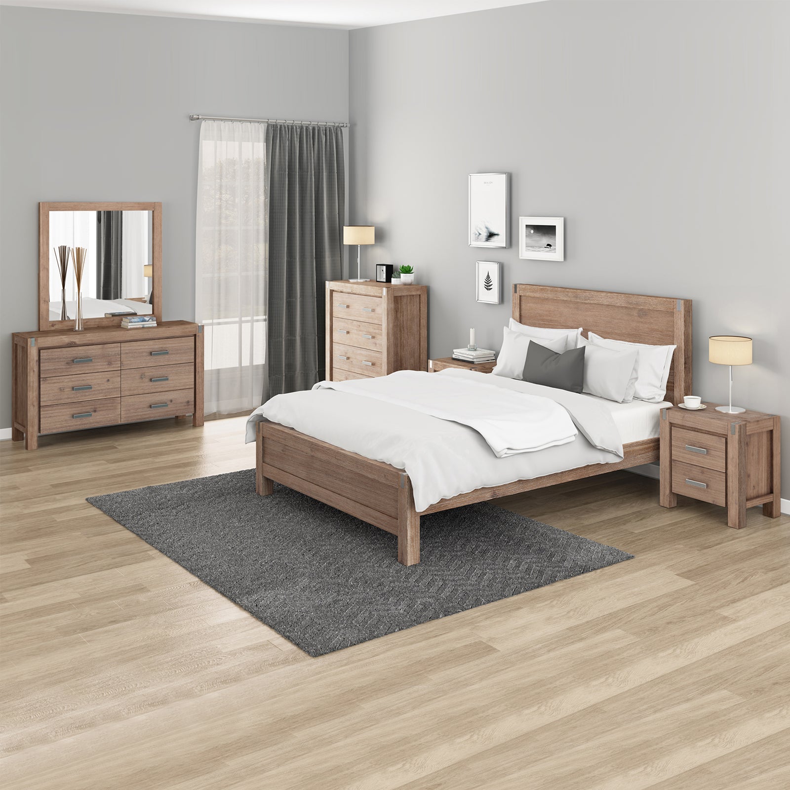 V43-BDS-NOW-5PC-TBY-DRS-QOK-202505131835-00 5 Pieces Bedroom Suite in Solid Wood Veneered Acacia Construction Timber Slat Queen Size Oak Colour Bed, Bedside Table , Tallboy & Dresser - Image 1
