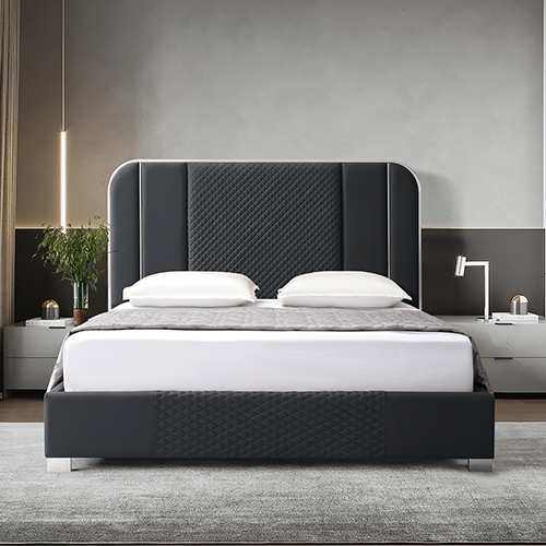 V43-BED-HAL-QBL-144750-00 Halcyon Bed Frame Air Leather Padded Upholstery High Quality Slats Polished Stainless Steel Feet - Image 1