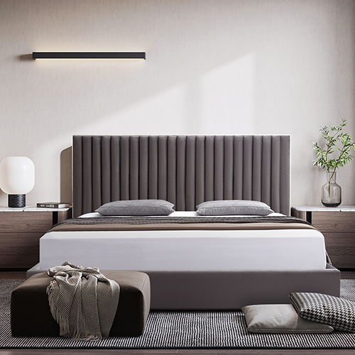 V43-BED-HILL-QGR-144748-00 Hillsdale Bed Frame Polyester Fabric Padded Upholstery High Quality Slats Polished Stainless Steel Feet - Image 1