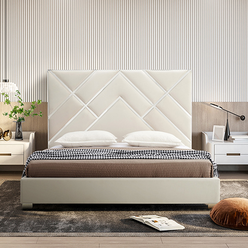 V43-BED-MATX-QBG-144746-00 Matrix Bed Frame Fabric Padded Upholstery High Quality Slats Polished Stainless Steel Feet - Image 1