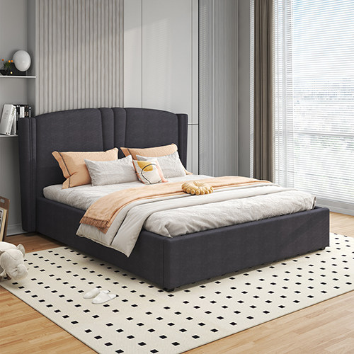 V43-BED-RMN-DBL-191589-00 Roman Bed Frame Double Size Black Velvet Fabric with Gas Lift plywood metal structure - Image 1