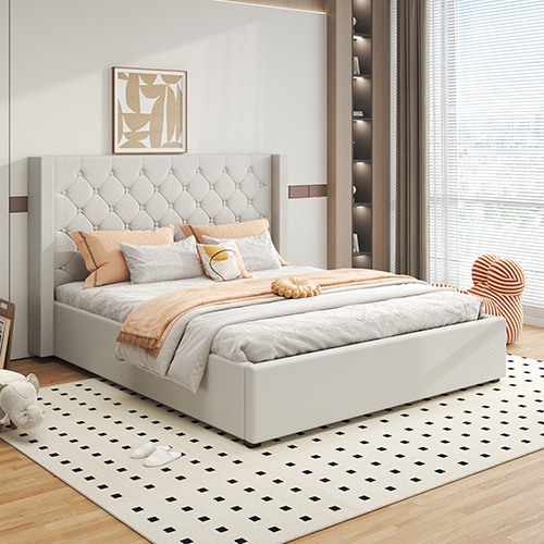 V43-BED-VER-DGR-191591-00 Veronica Bed Frame Double Size Winged Grey Linen Fabric Seam Grid Pattern with gas lift plywood metal structure - Image 1