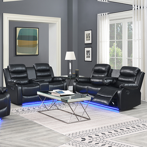 V43-SET-CHLS-3-2-BL-144722-00 3-2 Seater Seater Finest Black Leatherette Recliner Feature Console LED Light Ultra Cushioned - Image 1