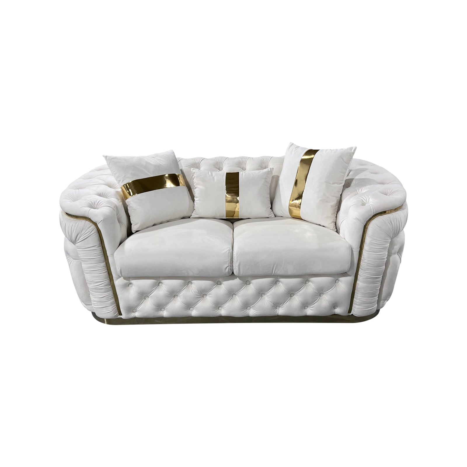 V43-SOF-DUK2SBG-202502240959-00 2 Seater Sofa Beige Velvet Fabric Solid Wood construction Gold Stainless Steel Trim - Image 1