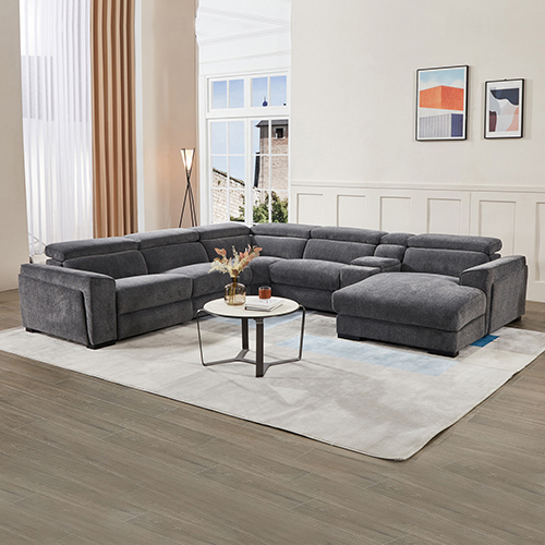 V43-SOF-SRNTO-143325-00 Grey Colour Corner Sofa Chaise Premium Fabric Electric Recliner With Manual Headrest Cup-Holder Charging Point Lighting - Image 1