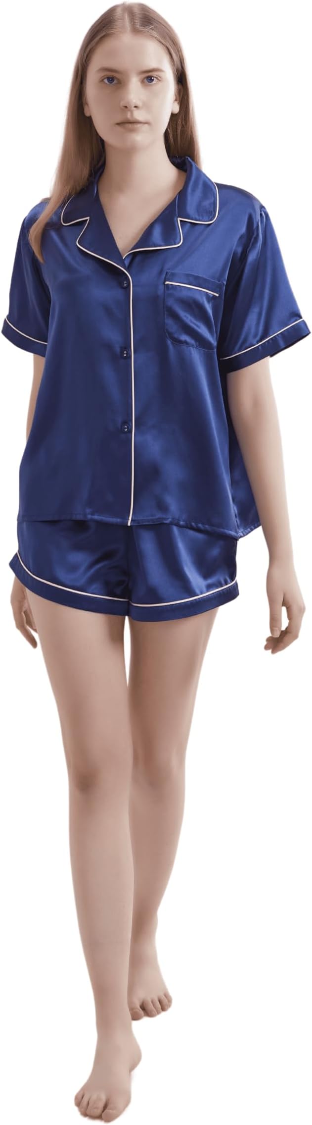V439-2PJSILKNBL-218295-00 Silk Short Pyjama Set - Navy Blue, Large - Soft & Luxurious Sleepwear for Relaxation - Breathable Comfort for Restful Nights - Image 1