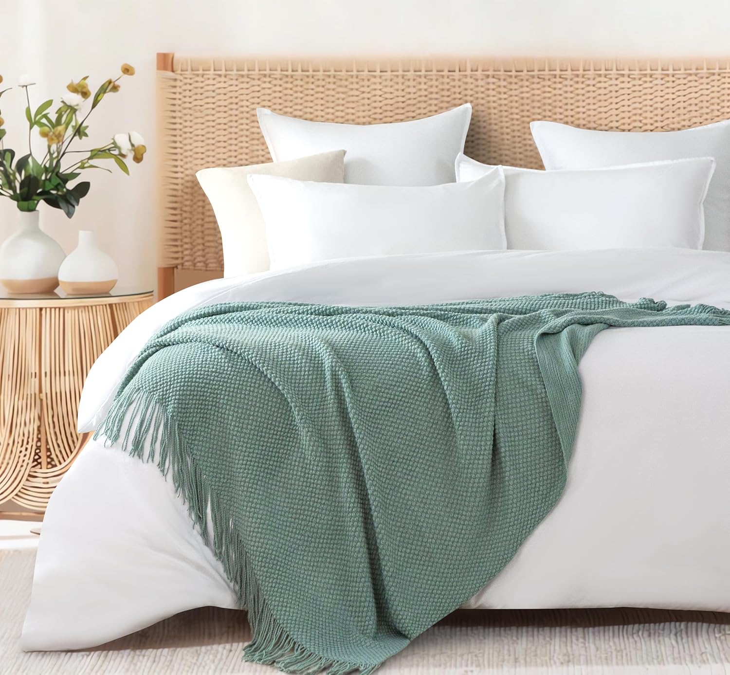 V439-ACTHROWSF-191105-00 Micro Plush Knitted Woven Throw Blanket - Seafoam - Image 1