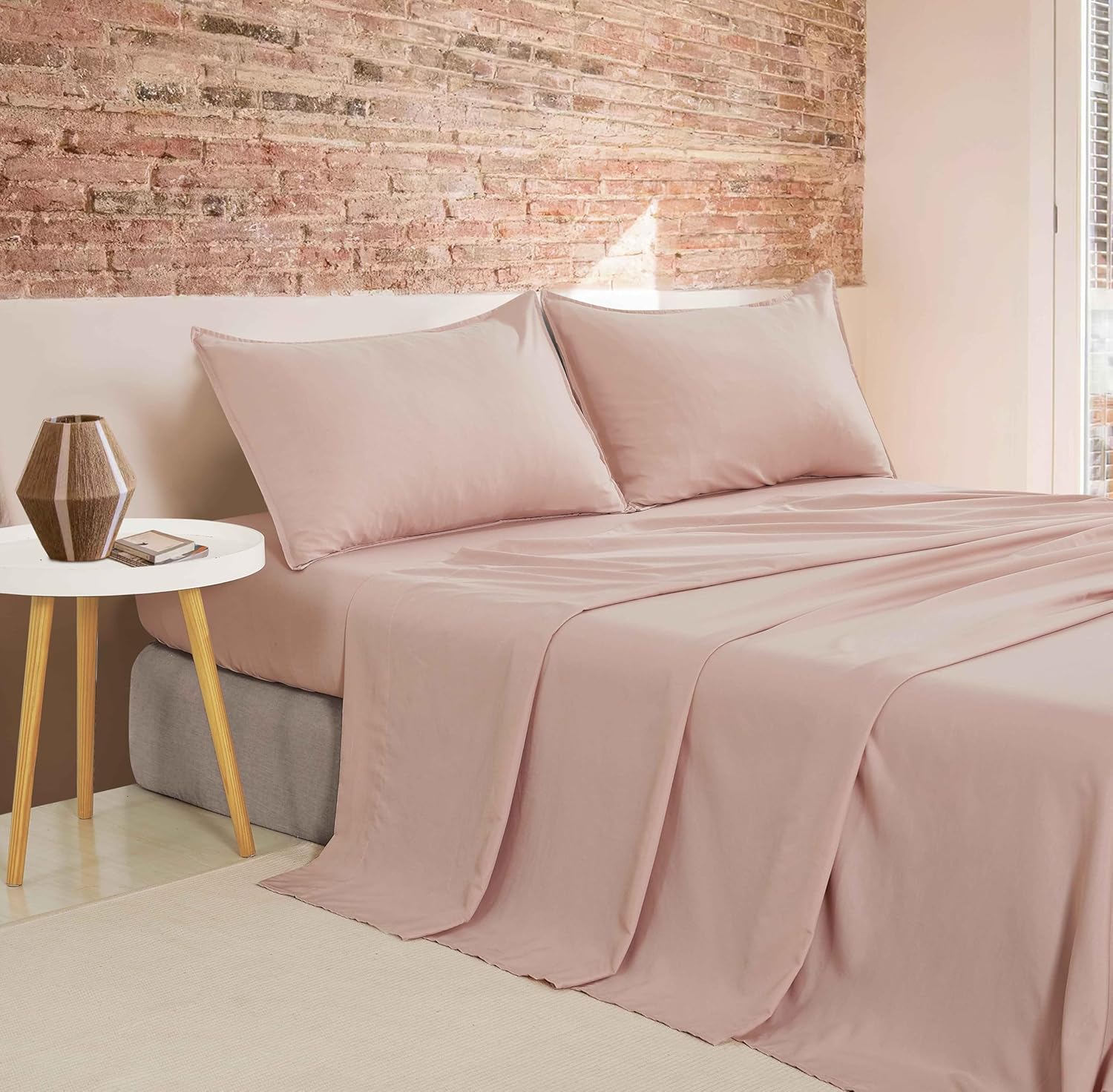 Vintage Washed Microfibre Sheet Set (Pink, Single)