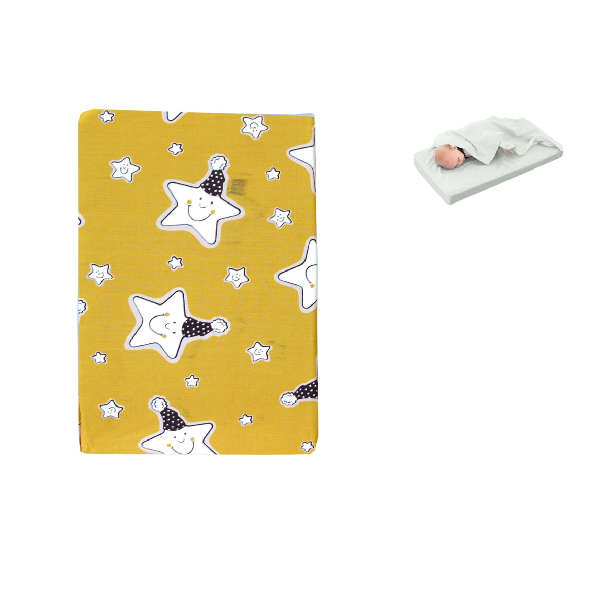 V442-ABR-FITTEDS-BASSINETSTAR-YELLOW-CT-177440-00 Yellow Star Bassinet Fitted Sheet with a Flat Sheet Sewed Attached - Image 1