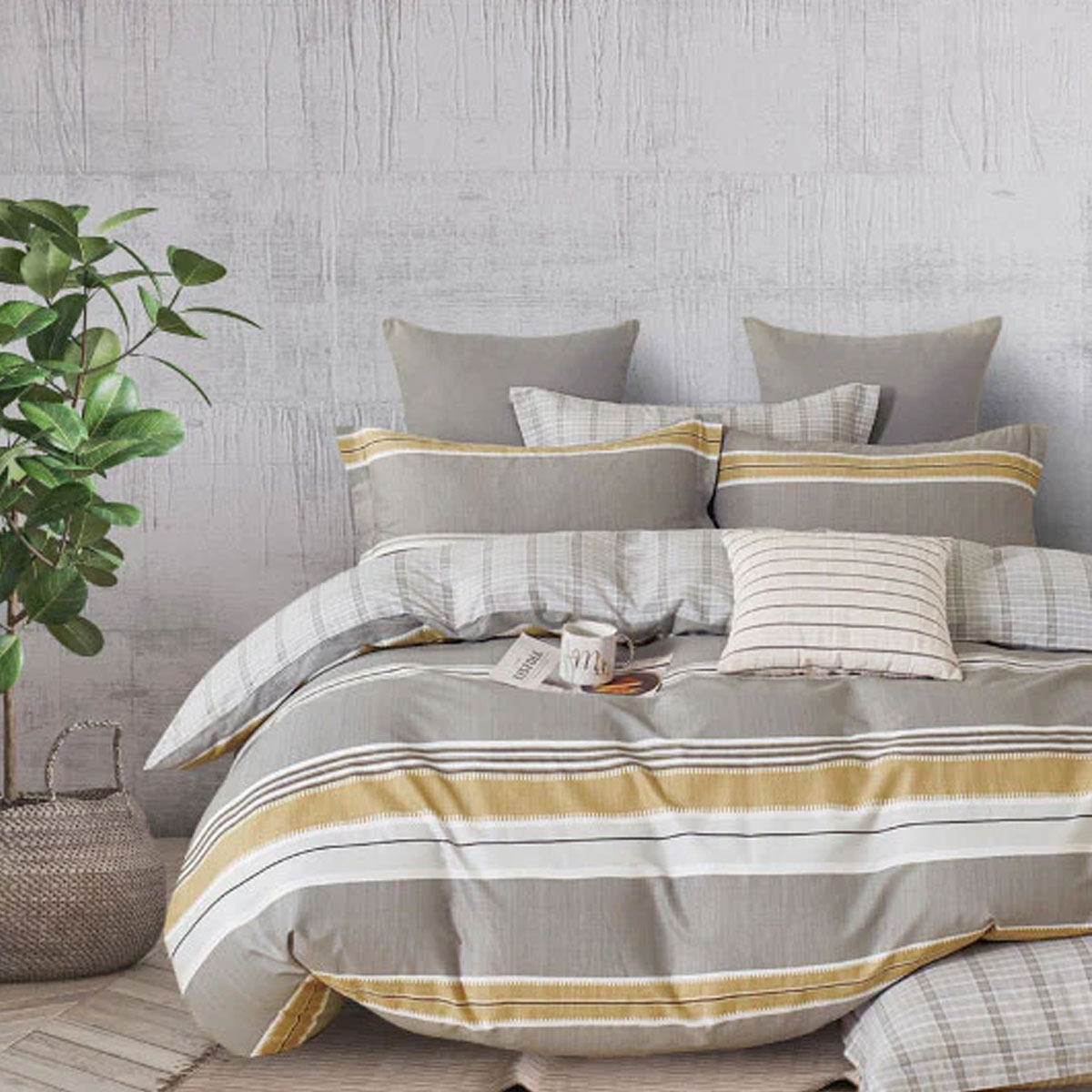 V442-ATX-QUILTCS-300TCTHEODORE-GREY-QS-191817-00 300TC Theodore Grey Reversible Cotton Quilt Cover Set Queen - Image 1