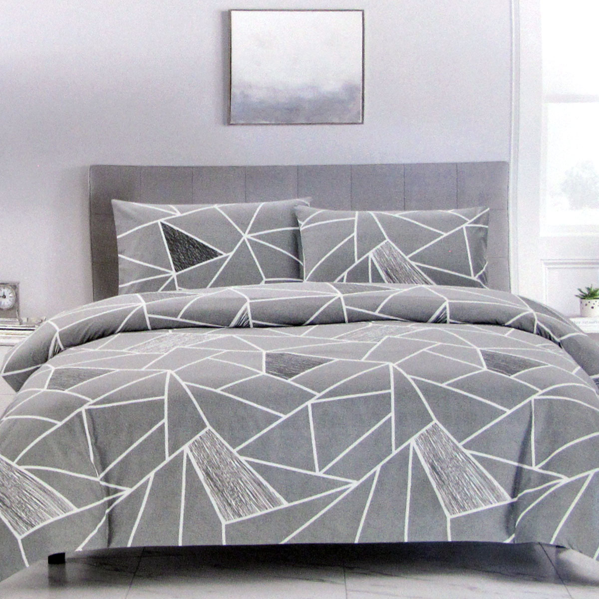 V442-ATX-QUILTCS-BENTLEY-GREY-QS-208746-00 Artex Bentley Grey Quilt Cover Set Geometric Pattern Reversible Printed Microfiber Polyester Queen - Image 1