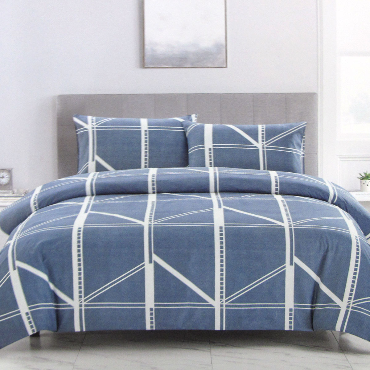 V442-ATX-QUILTCS-HAROLD-BLUE-QS-208734-00 Artex Harold Blue Quilt Cover Set Geometric Pattern Reversible Printed Microfiber Polyester Queen - Image 1