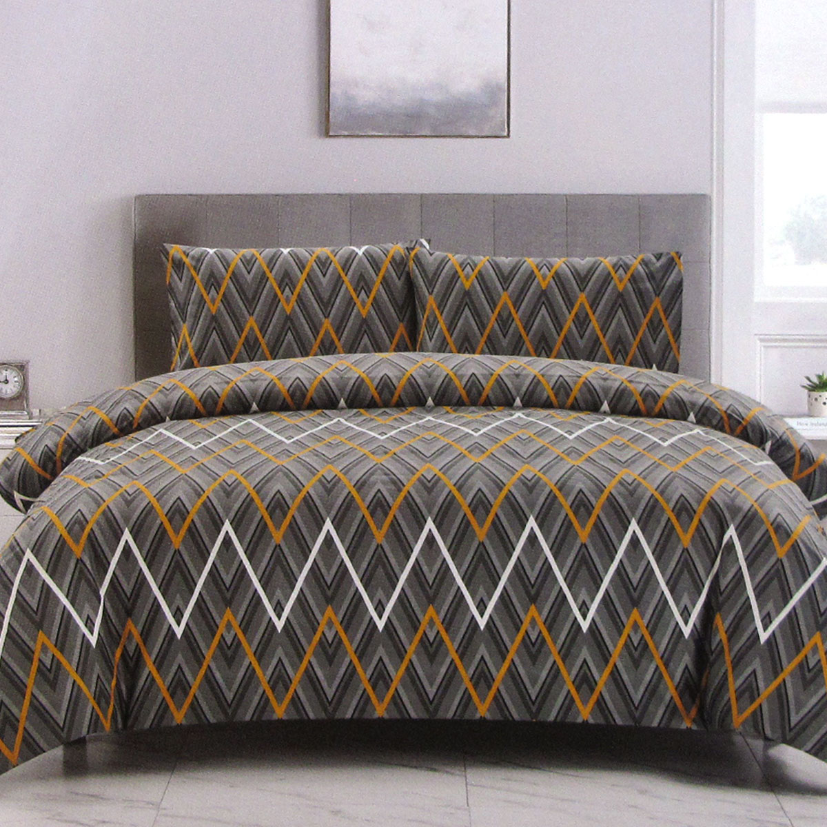 V442-ATX-QUILTCS-HAYDEN-ORANGE-DS-208739-00 Artex Hayden Orange Quilt Cover Set Geometric Pattern Reversible Printed Microfiber Polyester Double - Image 1