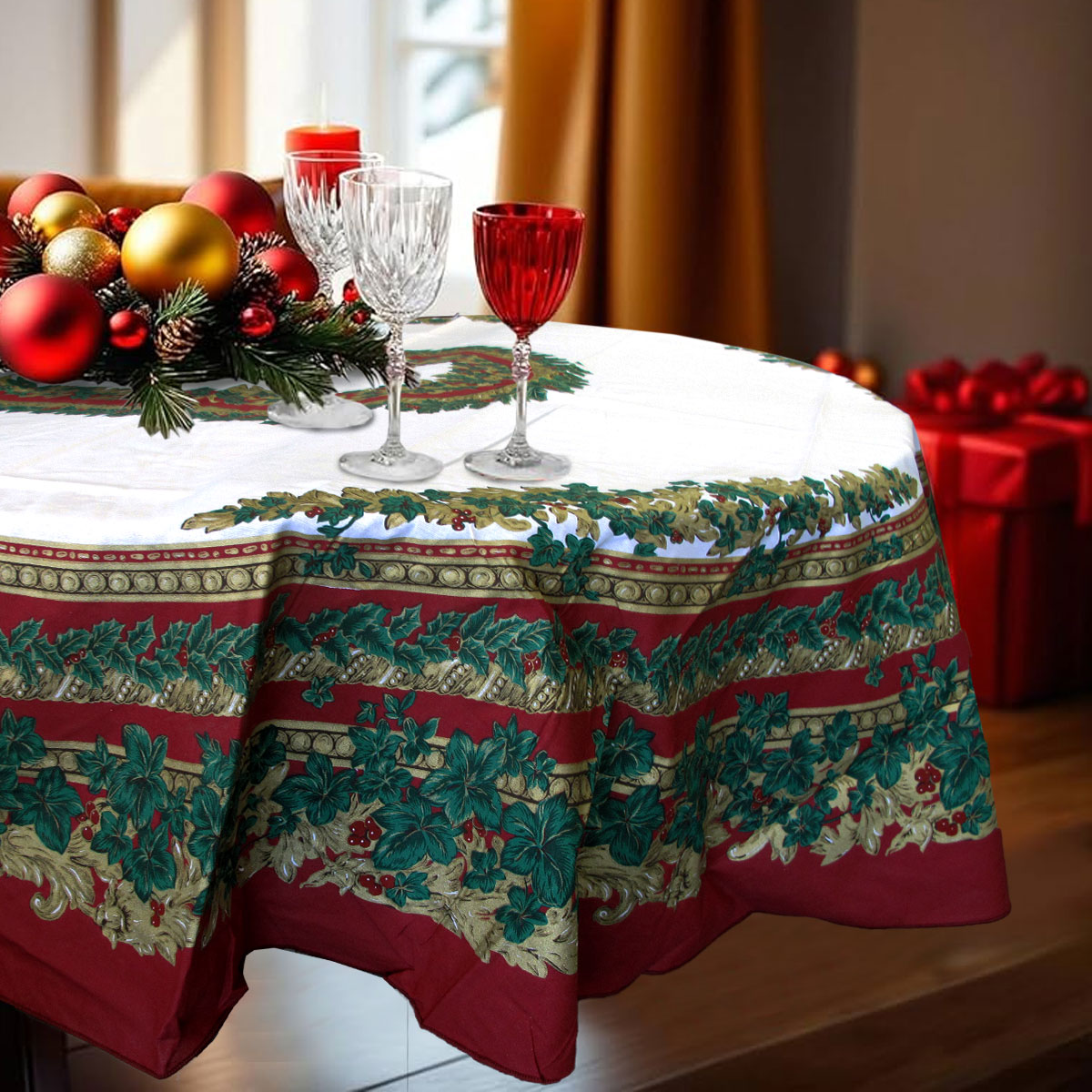 V442-ATX-TABLEC-CHRISTMASHOLLY-WHITE-OV-215837-00 Holly White Christmas Festival Printed Oval Tablecloth 152 x 213 cm - Image 1