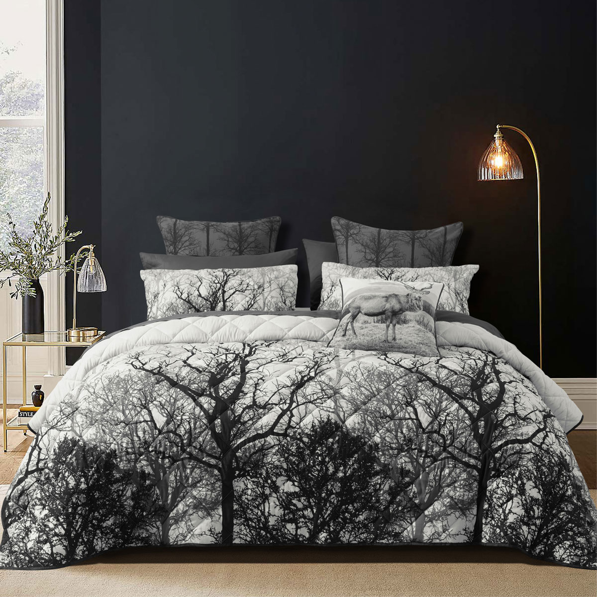 V442-BCA-COVERLETS-BOSCAGE-BLACK-KI-213168-00 Bianca Boscage Black Forest Printed Quilted Polyester Coverlet Set Queen/King - Image 1