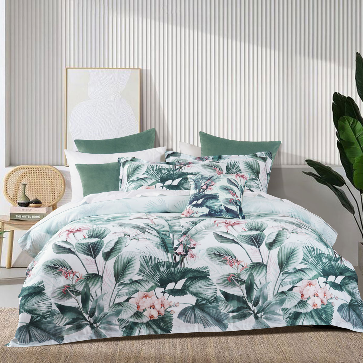 V442-BCA-QUILTCS-ABBEY-GREEN-QS-202505231015-00 Bianca Abbey Green Cotton Sateen Tropical Floral Quilt Cover Set Queen - Image 1