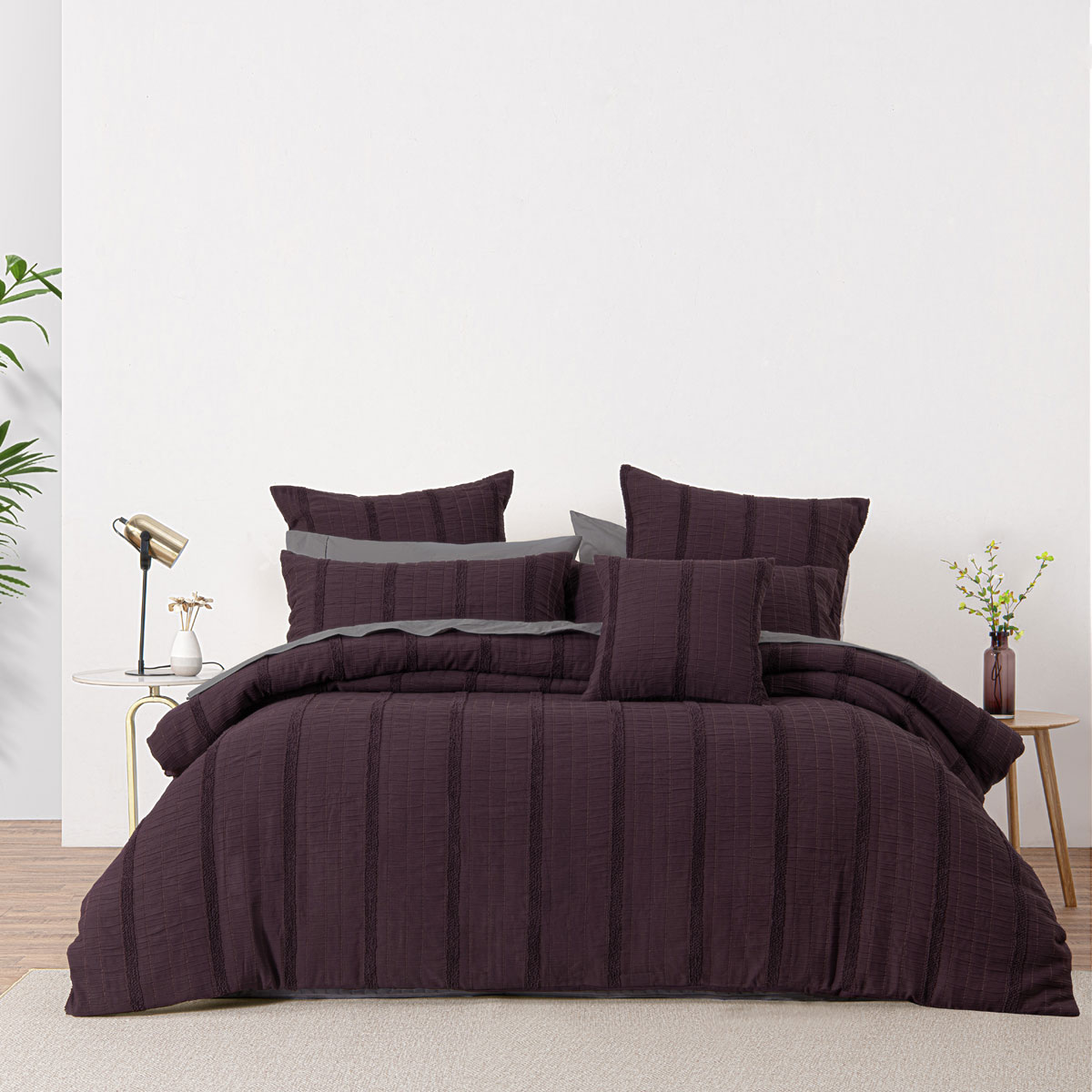 V442-BCA-QUILTCS-MALUA-GRAPE-QS-213154-00 Bianca Malua Grape Jacquard Striped Quilt Cover Set Queen - Image 1