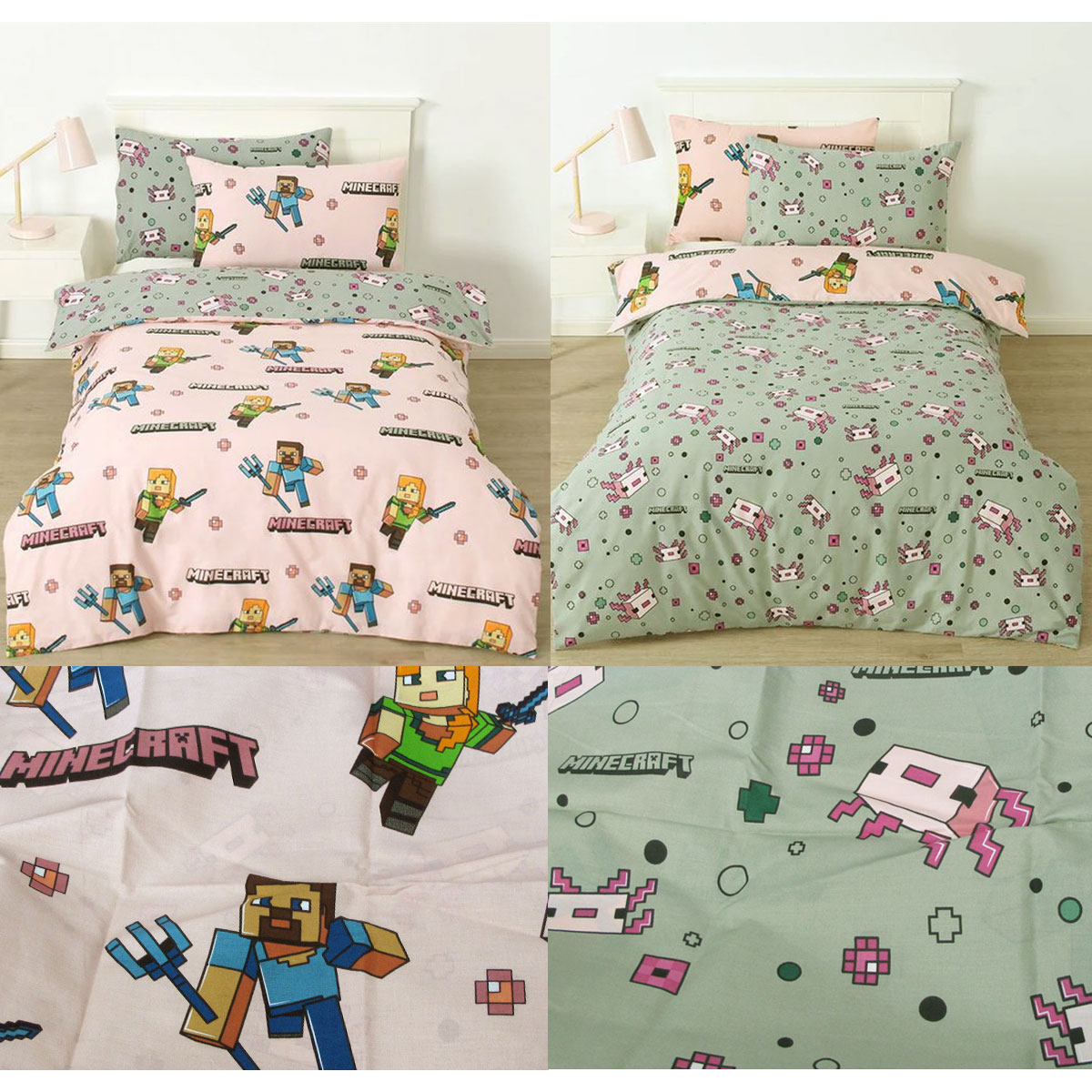 V442-CAP-QUILTCS-MINECRAFT-PINKGREY-DS-202502260926-00 MOJANG Minecraft Reversible Cotton Boys Girls Quilt Cover Set Double - Image 1