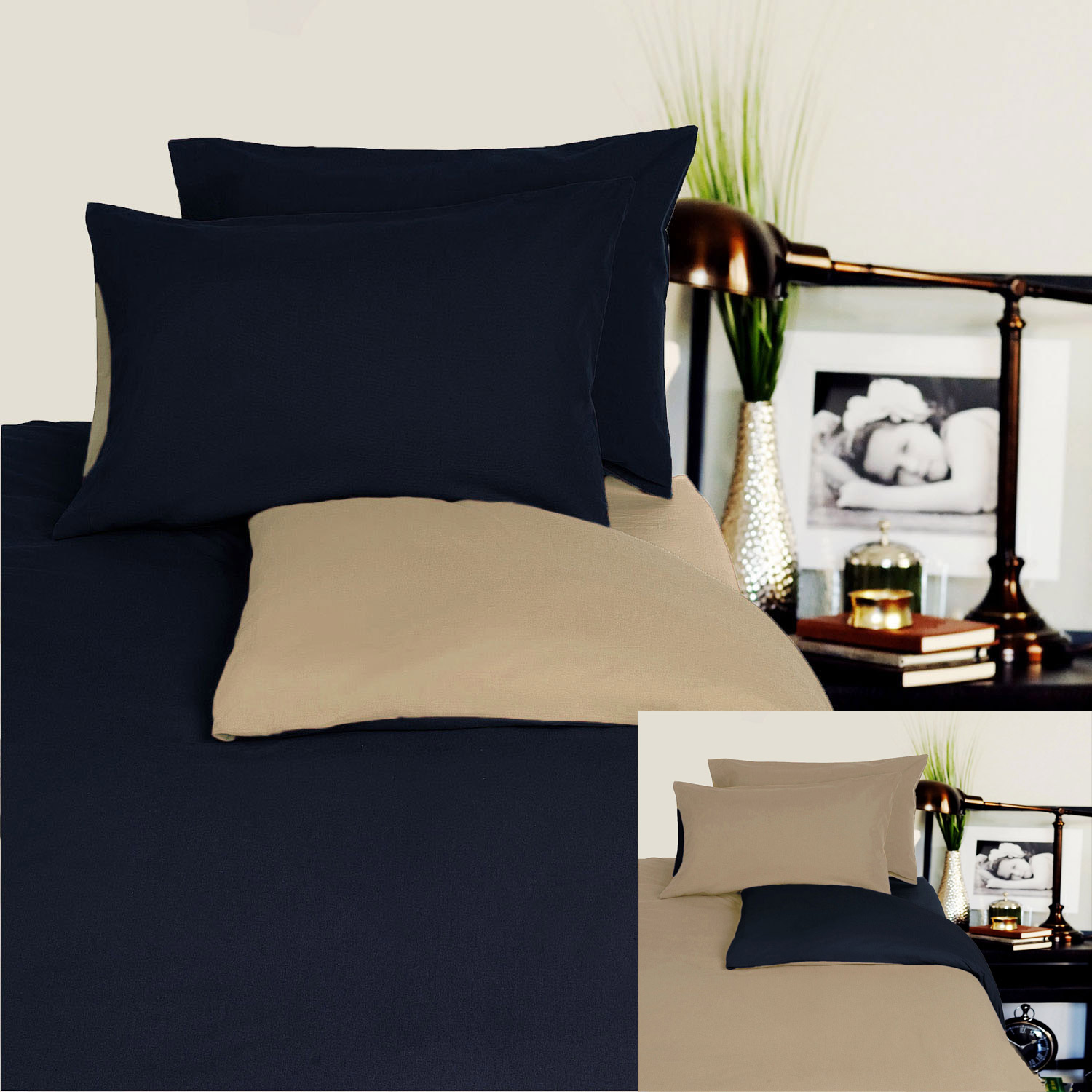 V442-GHT-QUILTCS-JERSEY-BLACK-QS-104357-00 Hotel Living Reversible 100% Cotton JERSEY Quilt Cover Set Black / Latte - QUEEN - Image 1