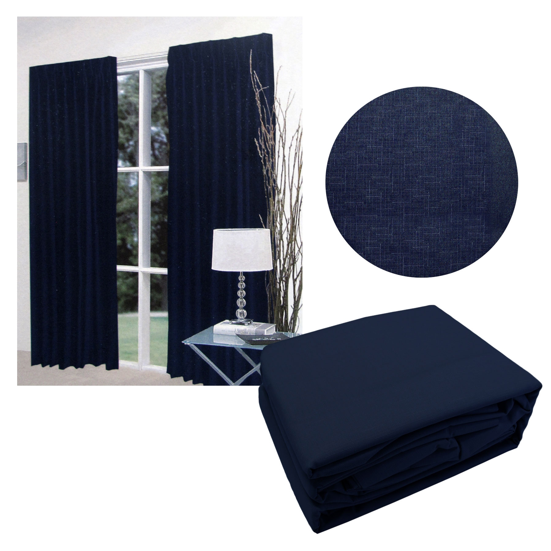 V442-HIN-CURTAIN-FAUXLINEN180CM-NAVY-RE-83220-00 Home Innovations Pair of Faux Linen Blockout Pinch Pleat Curtains Navy to Fit 180 x 221cm - Image 1