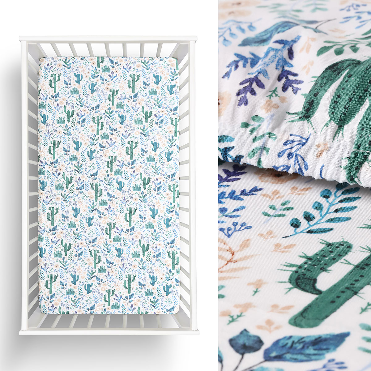 V442-HIN-FITTEDS-CACTUS-GREEN-CT-83732-00 Little Gem Cactus Cotton Cot Fitted Sheet - Image 1