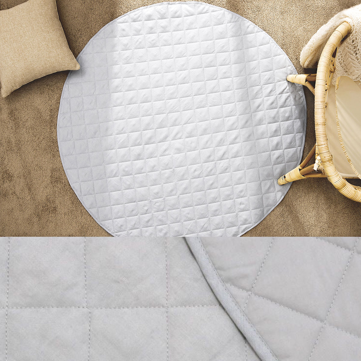 V442-HIN-MISC-BABYPLAYMAT-SILVER-RD-83757-00 Little Gem Round Linen Cotton Baby Play Mat Silver 130cm Diameter - Image 1