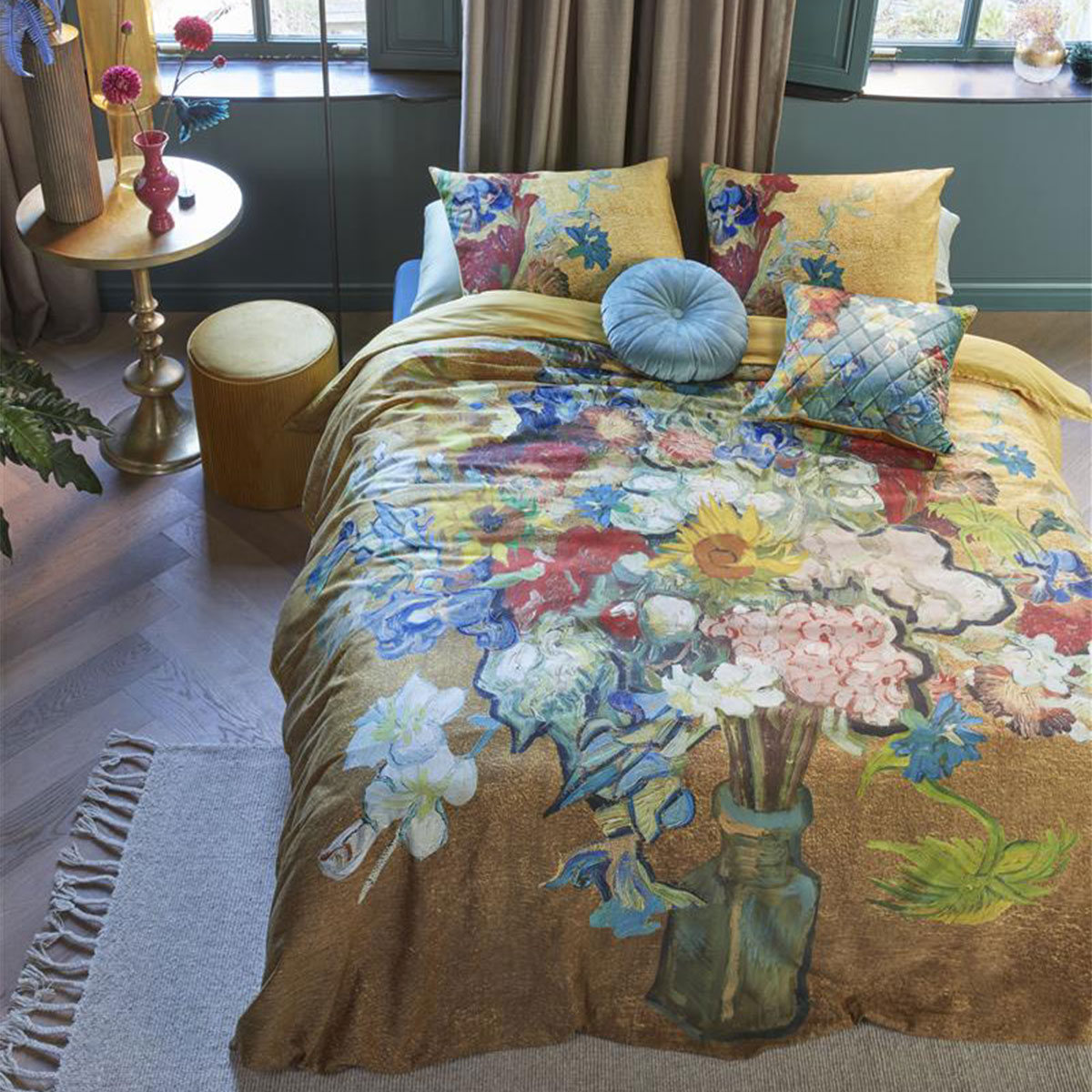 V442-HIN-QUILTCS-BOUQUETDANNIVER-GOLD-QS-202917-00 Bedding House Van Gogh Bouquet d'Anniversaire Gold Cotton Sateen Quilt Cover Set Queen - Image 1