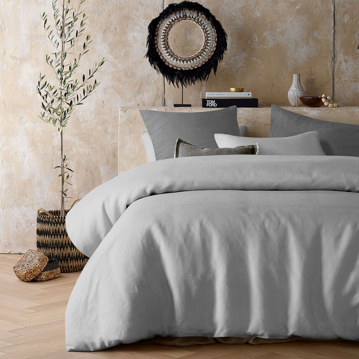 V442-HIN-QUILTCS-HEMP-SILVER-KI-83503-00 Vintage Design Homewares Silver 100% Hemp Quilt Cover Set King - Image 1