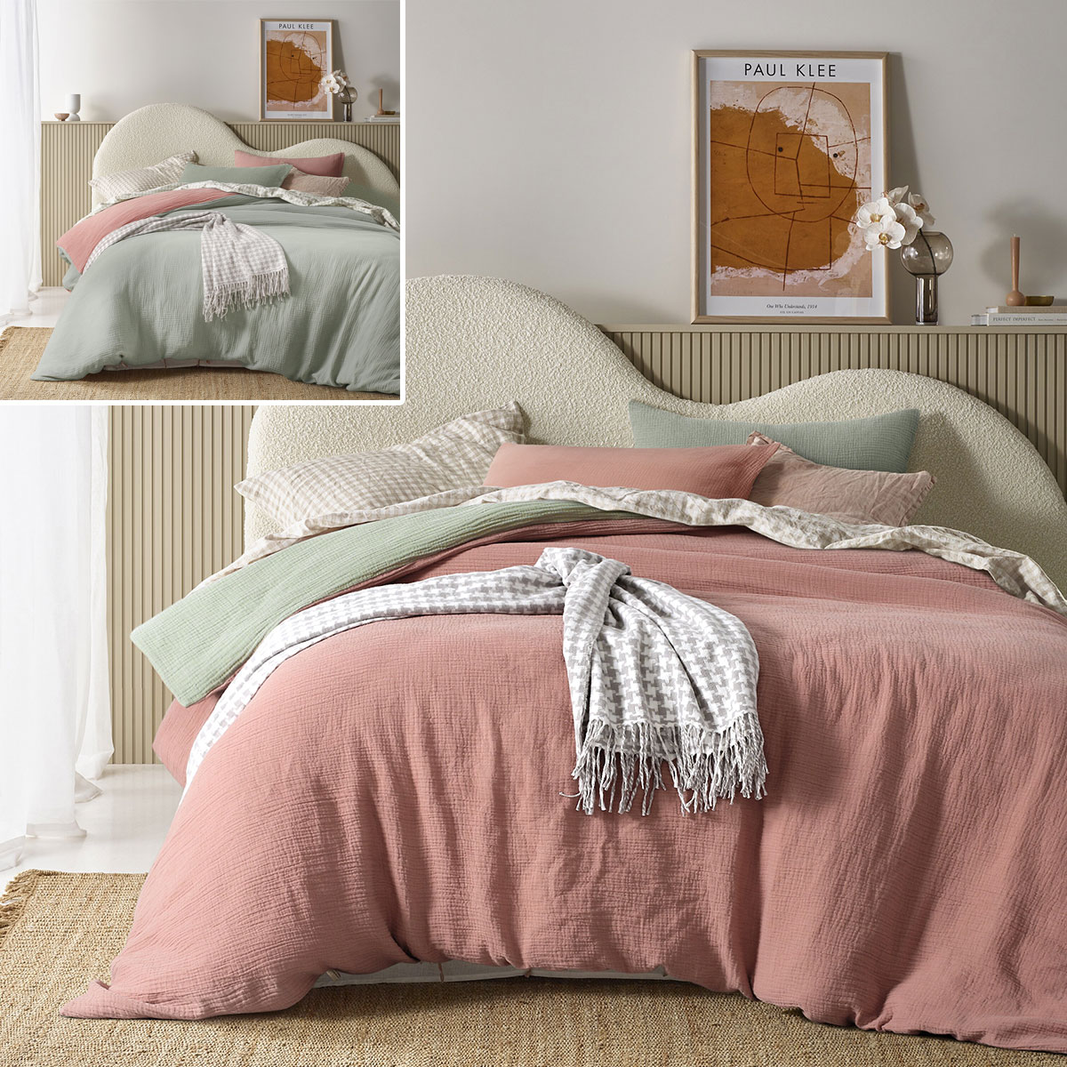 V442-HIN-QUILTCS-HUGO-CLAYSAGE-KI-82646-00 Vintage Design Homewares Hugo Reversible Clay Sage Cotton Gauze Quilt Cover Set King - Image 1