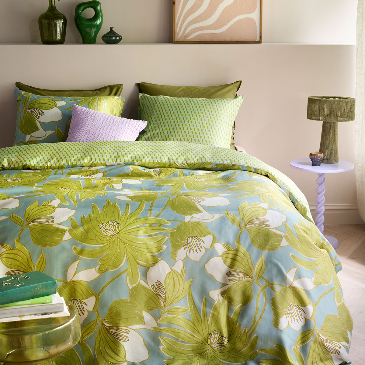 V442-HIN-QUILTCS-MELODI-GREEN-QS-202503121046-00 Oilily Melodi Green Cotton Floral Quilt Cover Set Queen - Image 1
