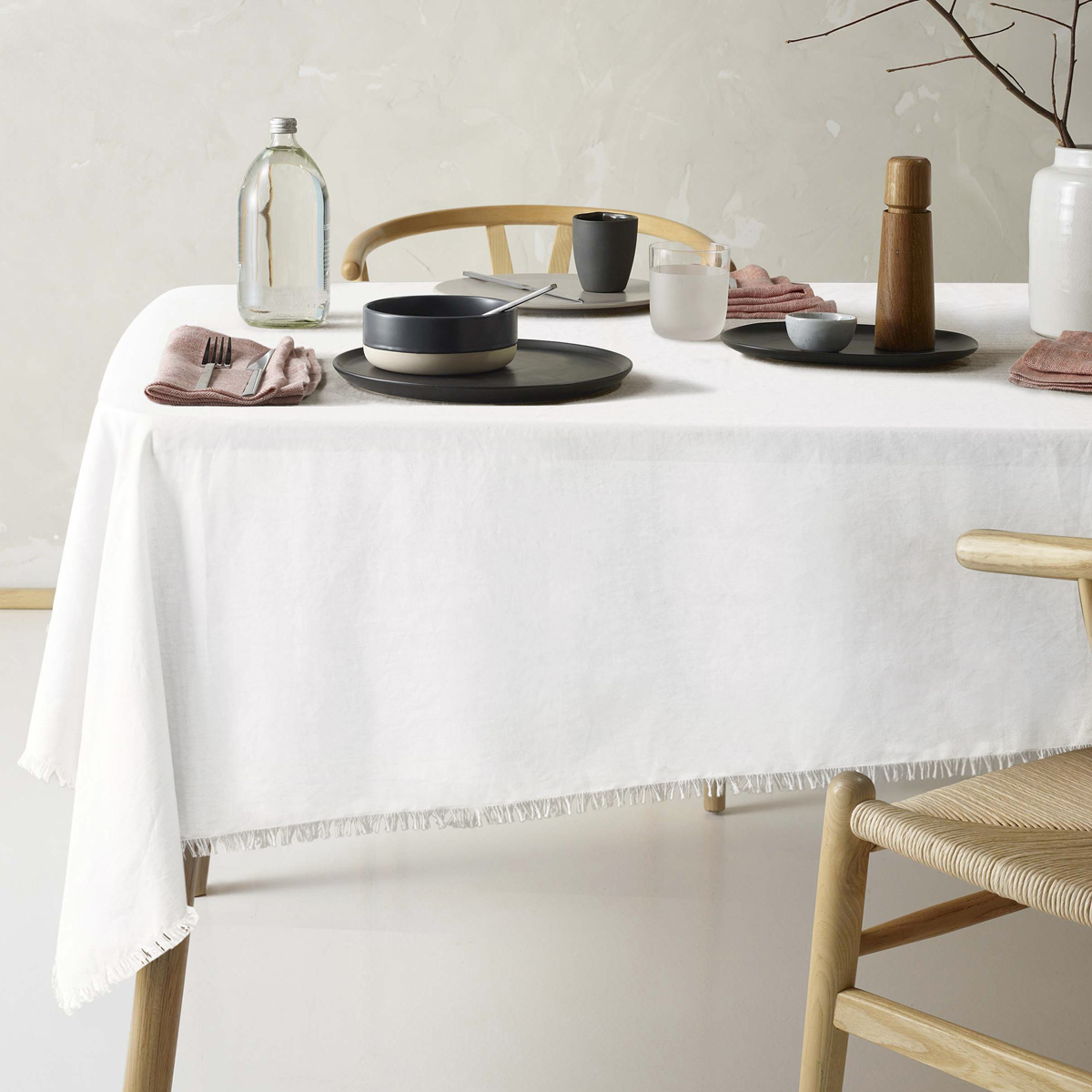 V442-HIN-TABLEC-GYPSYLINENC230CM-WHITE-RE-202846-00 Vintage Design Homewares Gypsy White Fringed Washed Linen Cotton Tablecloth 150cm x 230cm - Image 1