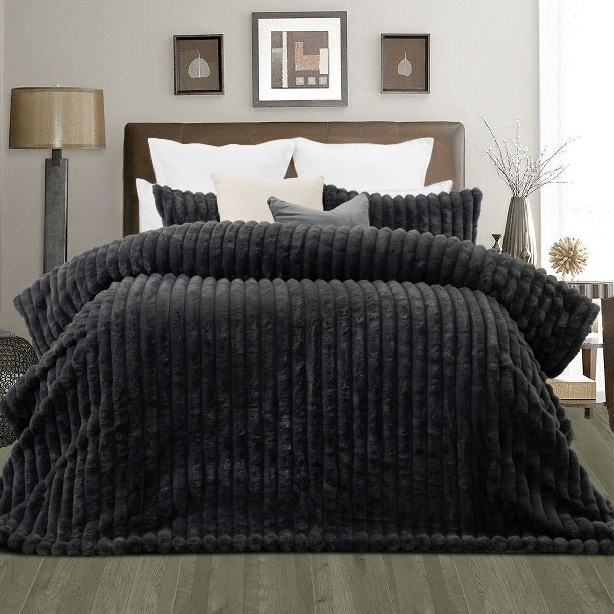 V442-IDC-COMFORTER-ARNA-CHARCOAL-QS-167473-00 Jane Barrington Arna Charcoal 3 Pcs Channel Faux Bunny Fur Comforter Set Queen - Image 1