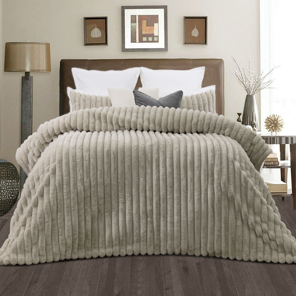 V442-IDC-COMFORTER-ARNA-NATURAL-KI-167472-00 Jane Barrington Arna Natural 3 Pcs Channel Faux Bunny Fur Comforter Set King - Image 1