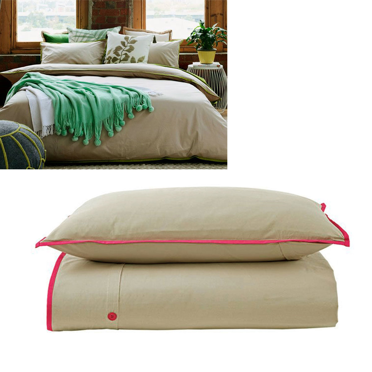 V442-IDC-QUILTCS-260TCCOTTON-HOTPINK-SB-78623-00 Jane Barrington Cotton Quilt Cover Set Taupe/Hot Pink Single - Image 1