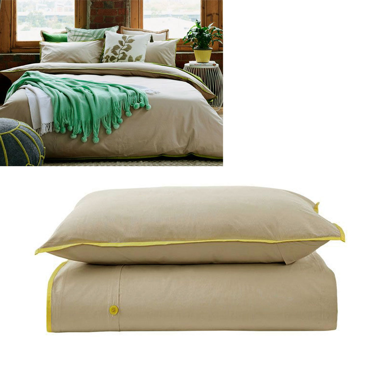 V442-IDC-QUILTCS-260TCCOTTON-YELLOW-QS-78622-00 Jane Barrington Cotton Quilt Cover Set Taupe/Sunshine Yellow Queen - Image 1