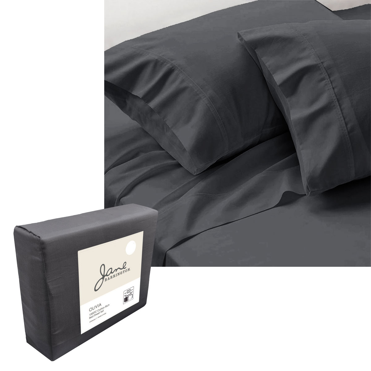 V442-IDC-SHEETS-OLIVIA1200TC-CHARCOAL-KI-183745-00 Jane Barrington 1200TC Olivia Cotton Rich Sheet Set 40cm Wall Charcoal King - Image 1