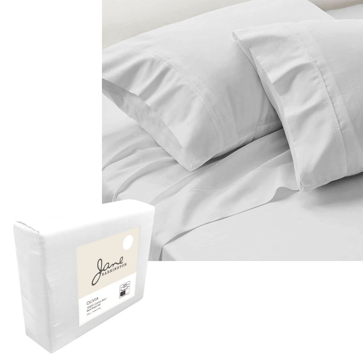 V442-IDC-SHEETS-OLIVIA1200TC-WHITE-QS-177461-00 Jane Barrington 1200TC Olivia Cotton Rich Sheet Set 40cm Wall White Queen - Image 1