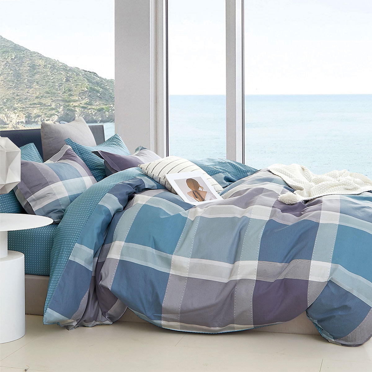 V442-INT-QUILTCS-250TCCOSTA-BLUE-QS-159135-00 Ardor 250TC Costa Check Cotton Sateen Quilt Cover Set Queen - Image 1